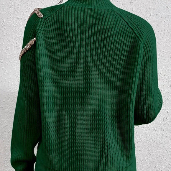 Green Casual Women's Mock Neck long Sleeve Chain Cut Out Sweater - Picture 2 of 6